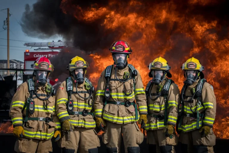 Five Calgary firefighters in full gear standing in front of flames during a live burn exercise.