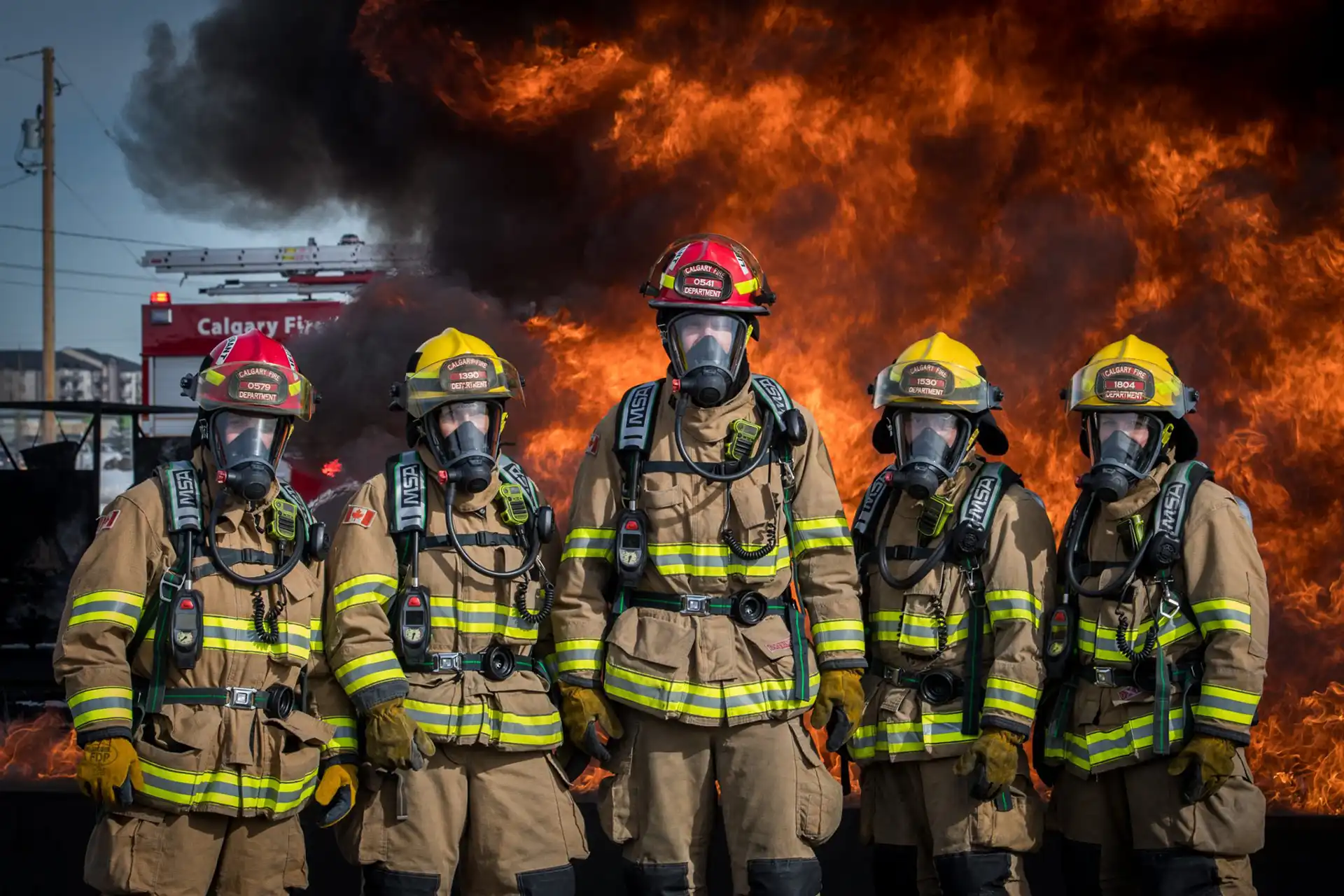 Five Calgary firefighters in full gear standing in front of flames during a live burn exercise.